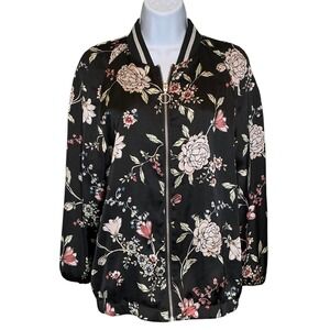 DIVIDED H&M Womens Bomber Jacket Sz 8 Black Floral Satin Whimsigoth Y2K Indie